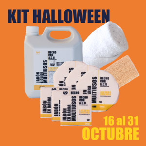 kit halloween. 1 galon, 6 jabones solidos, 1 toalla, 1 estropajo. 16 al 31 de octubre